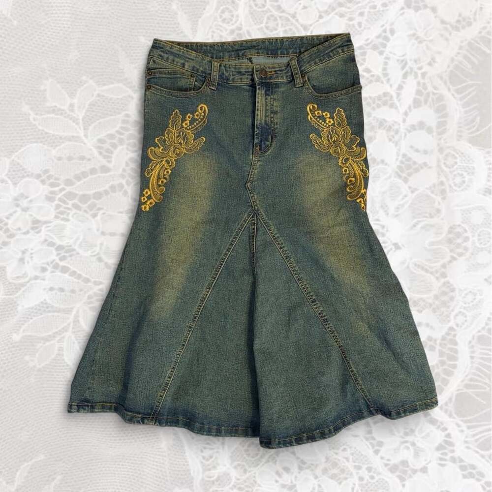 Vintage Gold Floral Embroidered Paneled Denim Midi Skirt Size M Y2K
